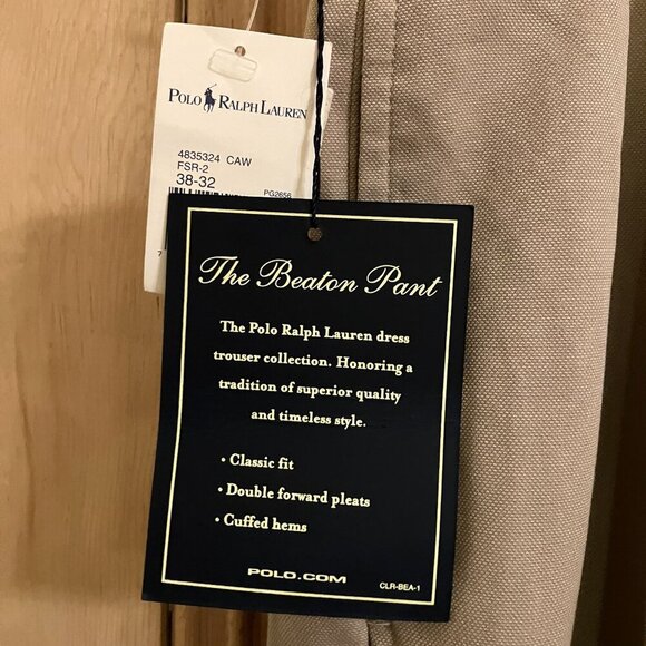 Polo Ralph Lauren Mens The Beaton Pant Pleated Dress Pants 38x32 Beige AN NWT - Picture 2 of 12